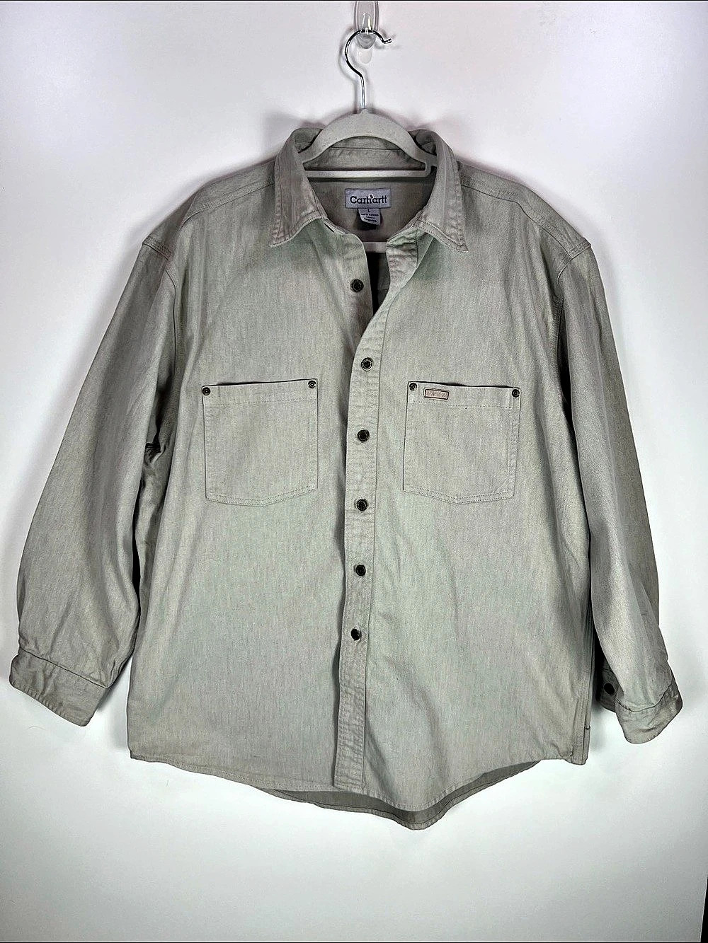 Vintage Carhartt Heavy Washed Denim Work Shirt Men's Large Sand Button Up Y2K
